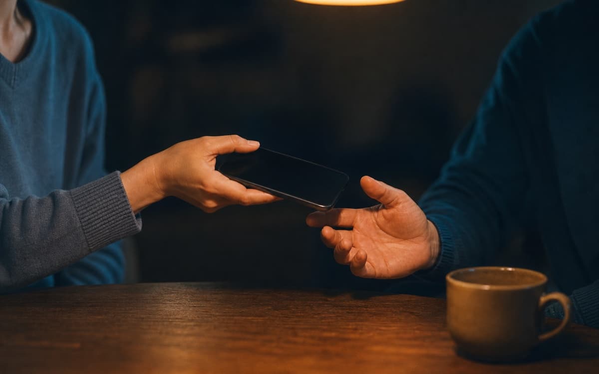 家族の間でスマートフォンを手渡す様子