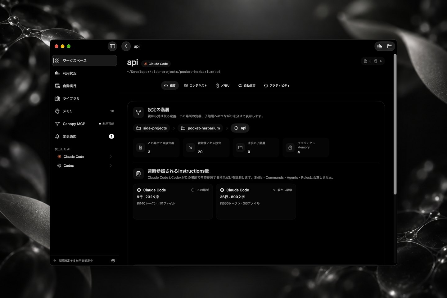 api ワークスペースの概要。side-projects › pocket-herbarium › api のパンくずと、この場所で直接定義 3、親階層にある設定 20、直接の子階層 0、プロジェクト Memory 4 が表示されている。