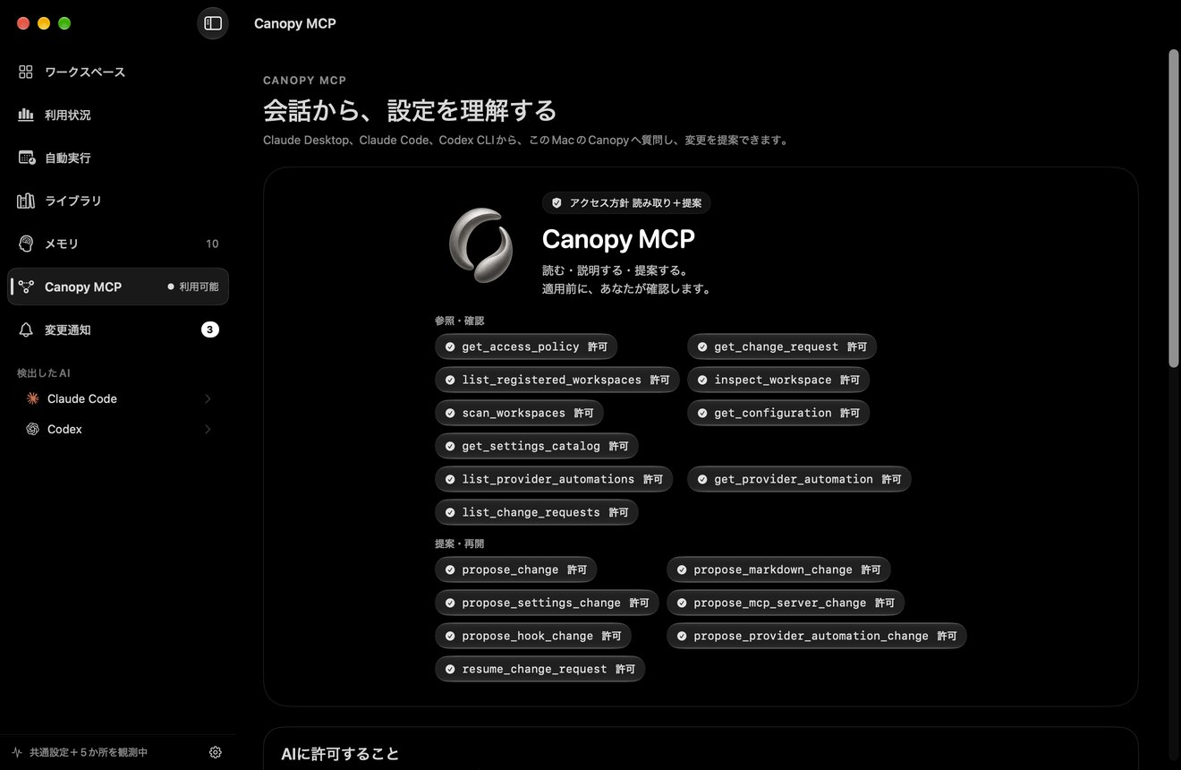 Canopy MCP の画面。「会話から、設定を理解する」の見出しと、参照・確認と提案・再開に分かれた 17 の操作が並んでいる。読み取りと提案を許可した状態の表示。