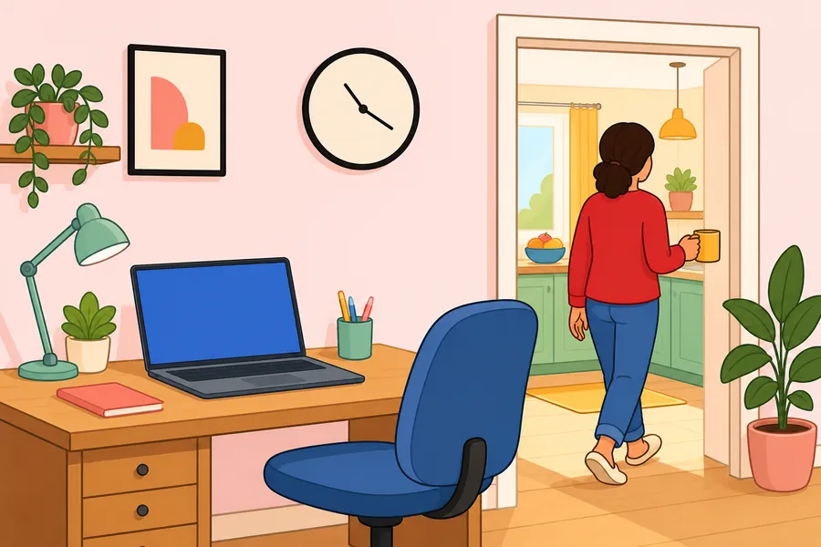 ノートPCを開いたままの机と空いた椅子、マグを持ってキッチンへ向かう後ろ姿のイラスト