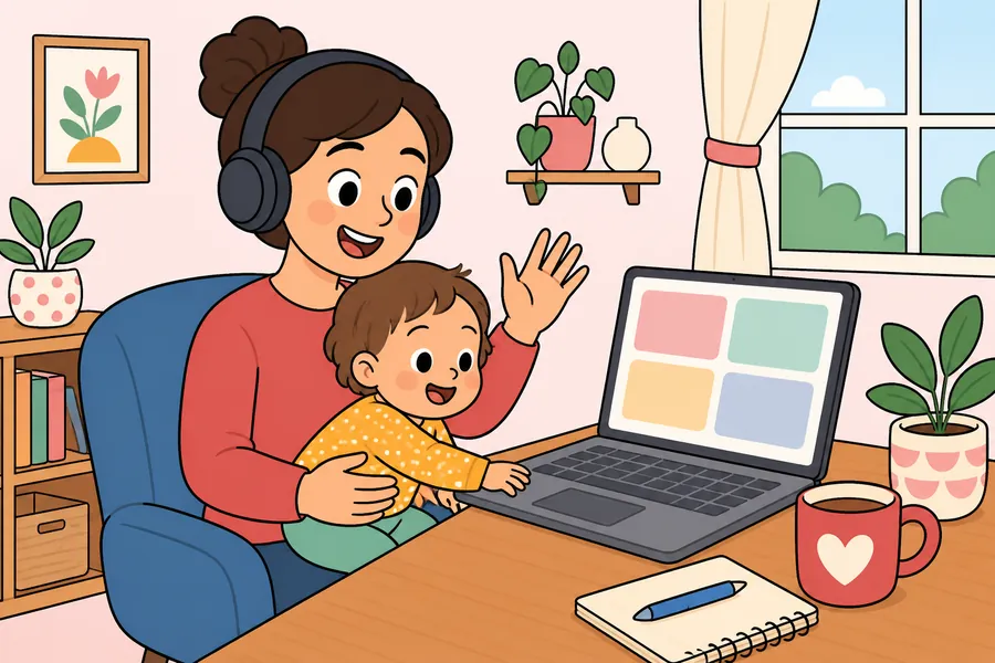 ヘッドホンをつけて通話しながら、膝の上の子どもがキーボードに手を伸ばしている様子のイラスト