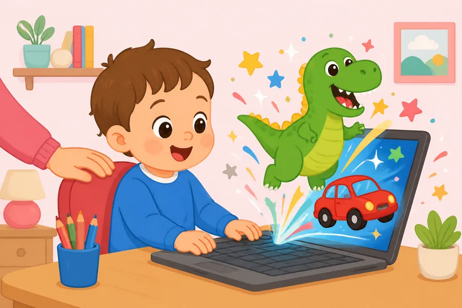 子どもが両手でキーボードを叩き、画面から恐竜と赤い車が飛び出しているイラスト