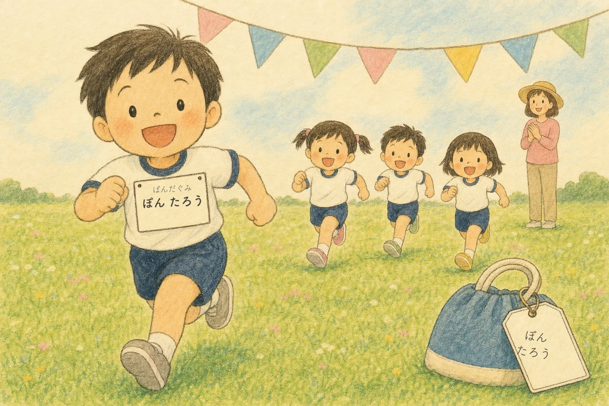 公園で走る子どもたち。うしろに写り込んだ子の顔がそのまま写っている加工前の写真