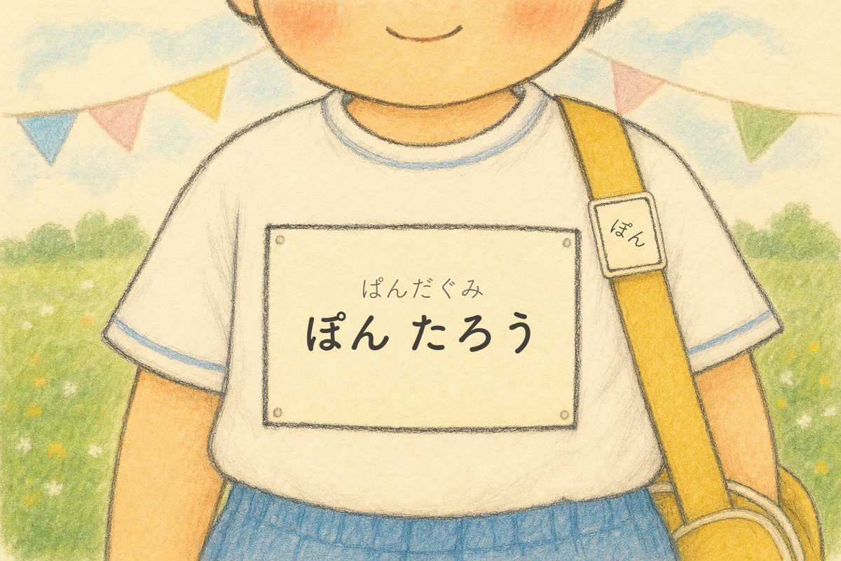 胸に名札を付けた子どもの写真。名札の文字が読める加工前の状態