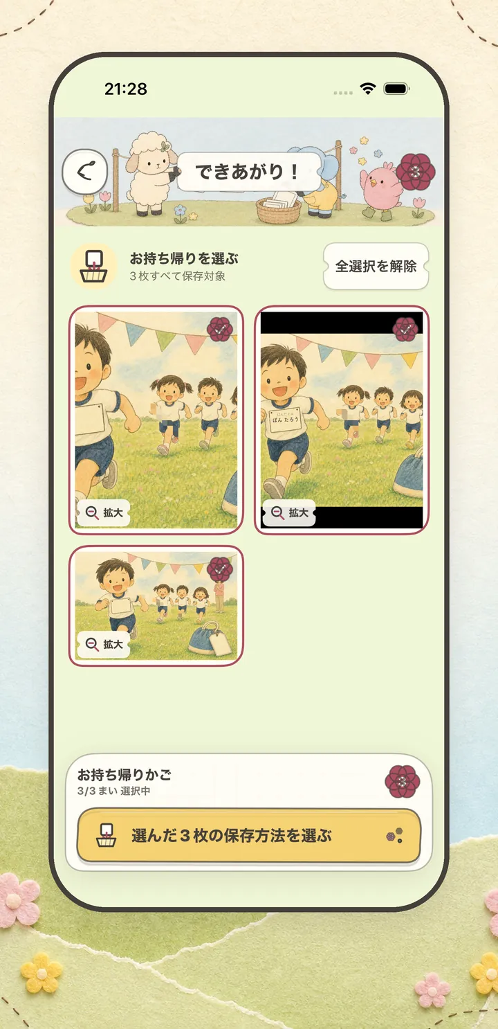 ぽんのはらの加工後ギャラリー「できあがり！」。加工がおわった写真3枚すべてにチェックが付き、下に「お持ち帰りかご 3/3まい 選択中」と「選んだ3枚の保存方法を選ぶ」のボタン。